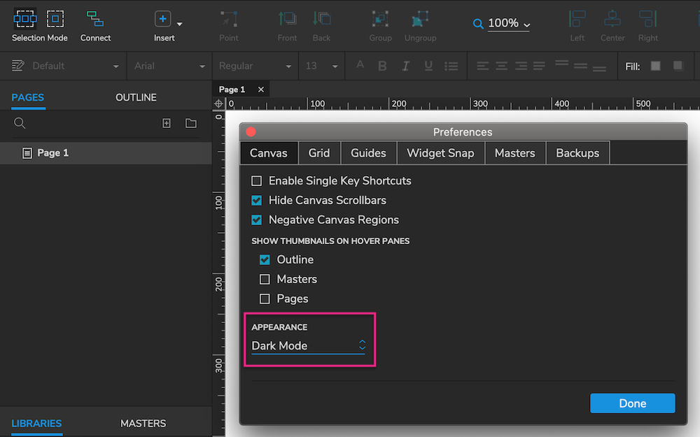 Axure RP Preferences dialog with Dark Mode selected