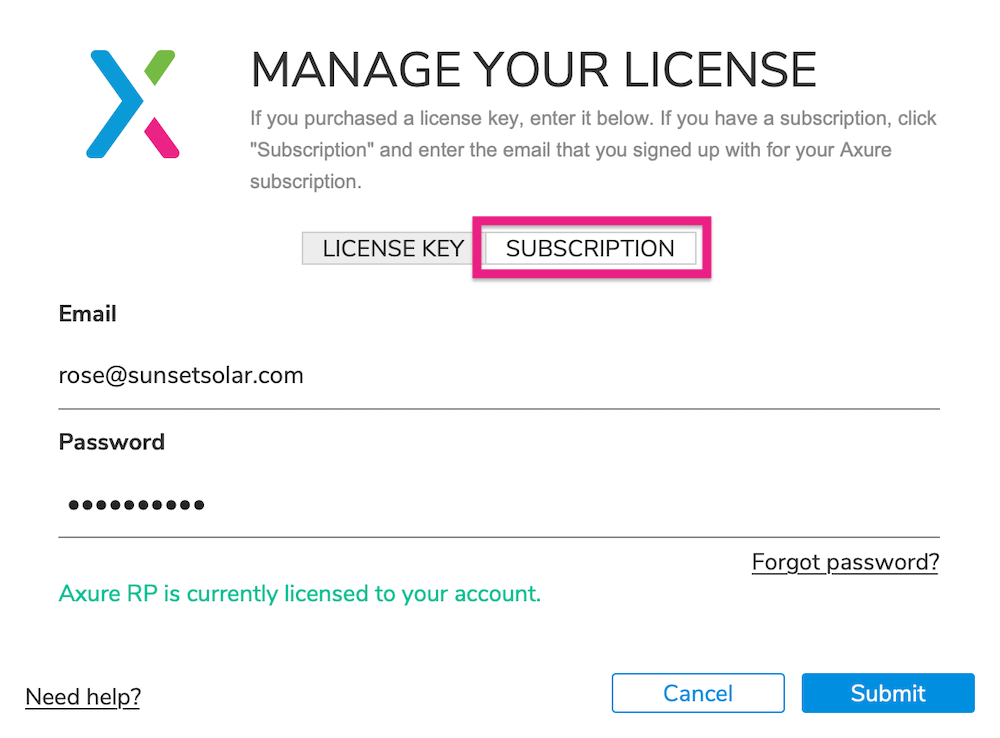 activating Axure RP with a subscription license